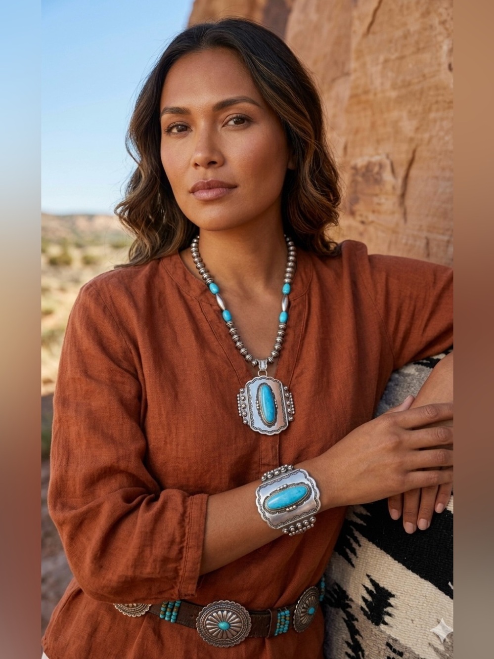 Navajo Native American Sterling Silver Turquoise Navajo Pearl Beaded Necklace